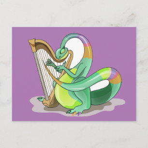 Illustration av en Plateosaurus som spelar harpa. Vykort