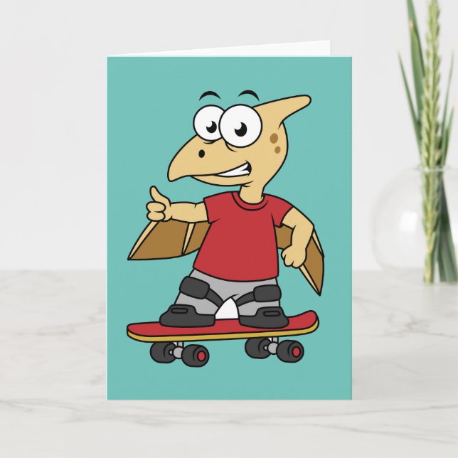 Illustration av en Pterosaur-skateboarding. Kort (Framsida)