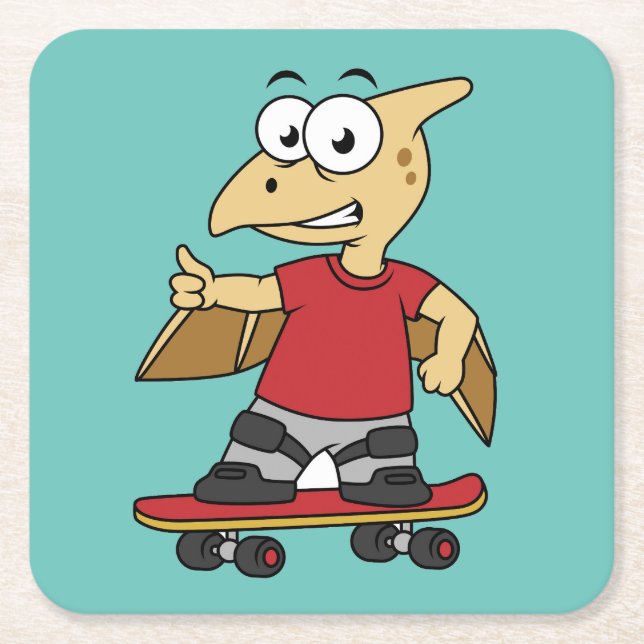 Illustration av en Pterosaur-skateboarding. Underlägg Papper Kvadrat (Framsidan)