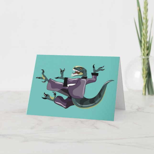 Illustration av en Raptor som utför Karate. Kort (Framsida)