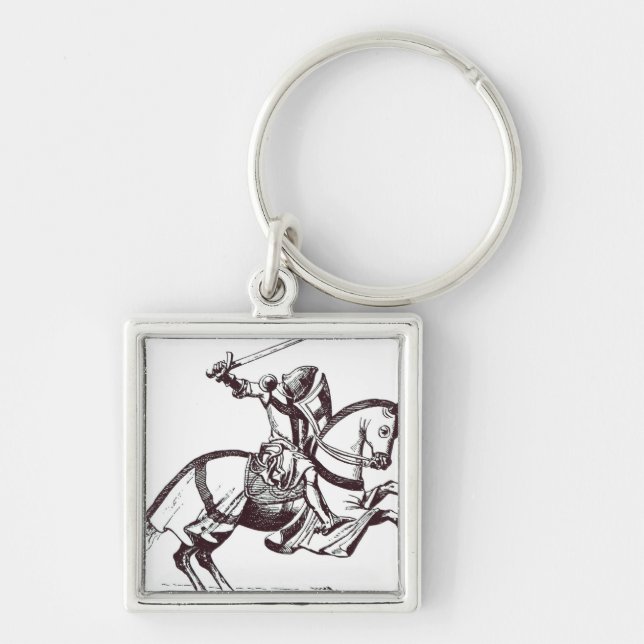 Illustration av en riddare Templar Fyrkantig Silverfärgad Nyckelring (Framsidan)