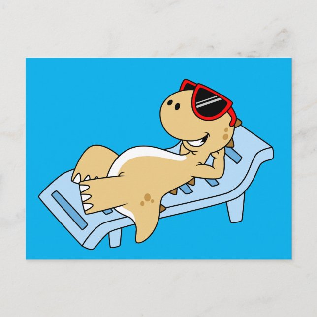 Illustration av en solbadande Tyrannosaurus Rex. Vykort (Framsida)