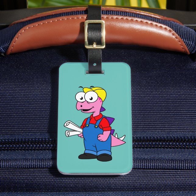 Illustration av en Stegosaurus-byggarbetare. Bagagebricka (Framsida Insitu 2)