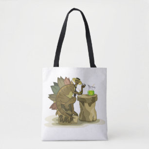 Illustration av en Stegosaurus som dricker en dryc Tygkasse