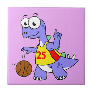 Illustration av en Stegosaurus som spelar basket. Kakelplatta