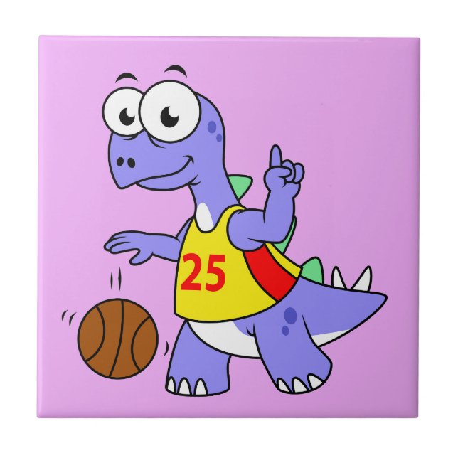 Illustration av en Stegosaurus som spelar basket. Kakelplatta (Framsidan)