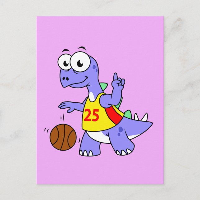 Illustration av en Stegosaurus som spelar basket. Vykort (Framsida)