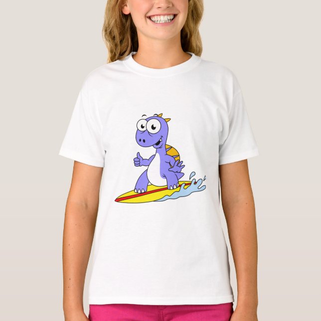 Illustration av en Surfing Spinosaurus. T Shirt (Framsida)