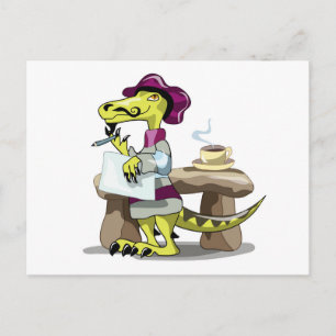 Illustration av en tecknad raptor-poet som fundera vykort
