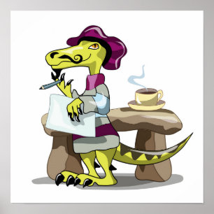 Illustration av en Tecknad Raptor Poet Thinking. Poster