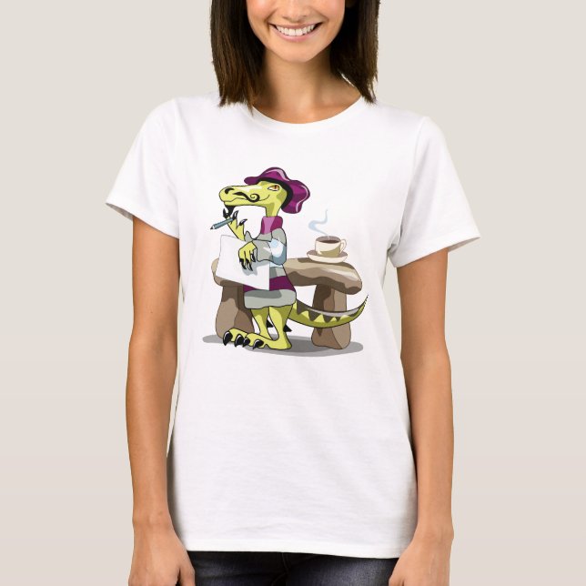 Illustration av en Tecknad Raptor Poet Thinking. T Shirt (Framsida)