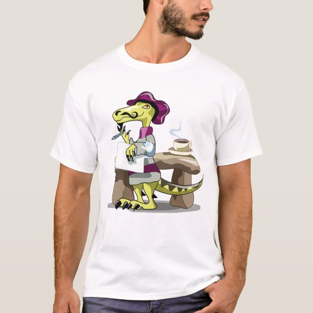 Illustration av en Tecknad Raptor Poet Thinking. T Shirt (Framsida)