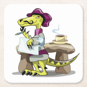 Illustration av en Tecknad Raptor Poet Thinking. Underlägg Papper Kvadrat