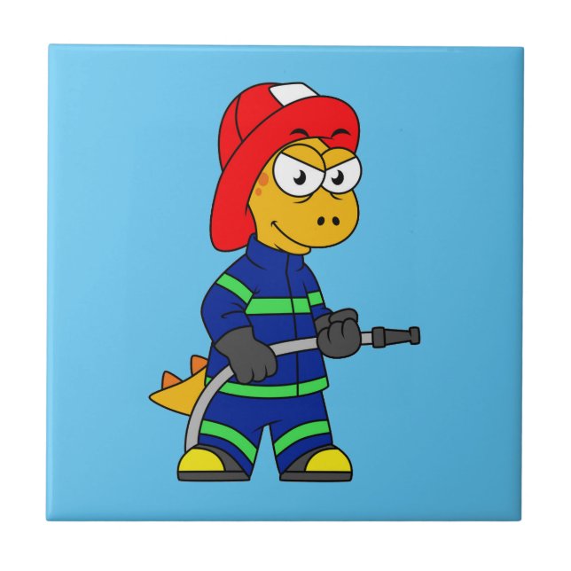 Illustration av en Tyrannosaurus Rex-brandman. Kakelplatta (Framsidan)