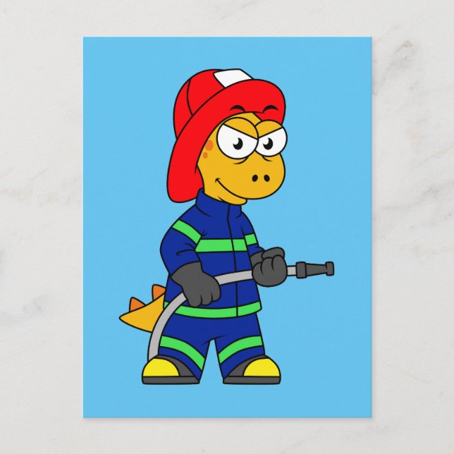 Illustration av en Tyrannosaurus Rex-brandman. Vykort (Framsida)