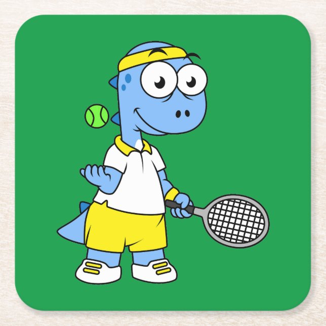 Illustration av en Tyrannosaurus Rex Tennis Player Underlägg Papper Kvadrat (Framsidan)