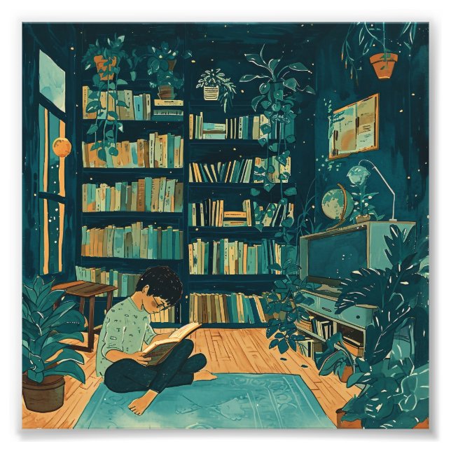 Illustration av en ung man som läser bok fototryck (Framsidan)