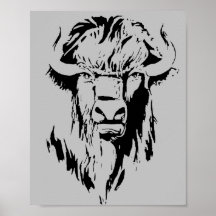 Illustration av ett buffelhuvud i svartvitt