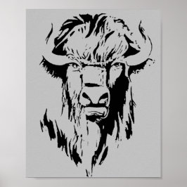 Illustration av ett buffelhuvud i svartvitt poster