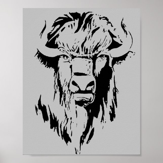 Illustration av ett buffelhuvud i svartvitt poster (Framsidan)