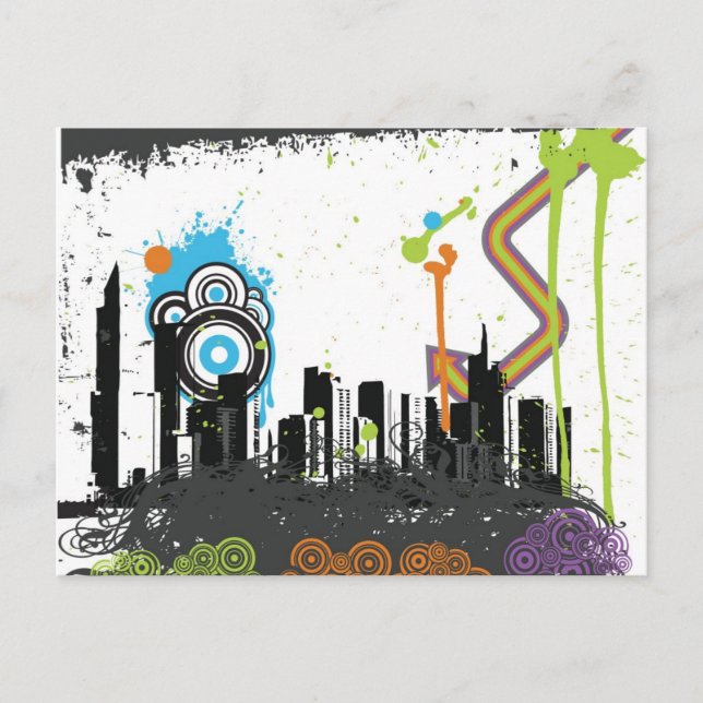 Illustration av ett grungligt citysslande vykort (Framsida)
