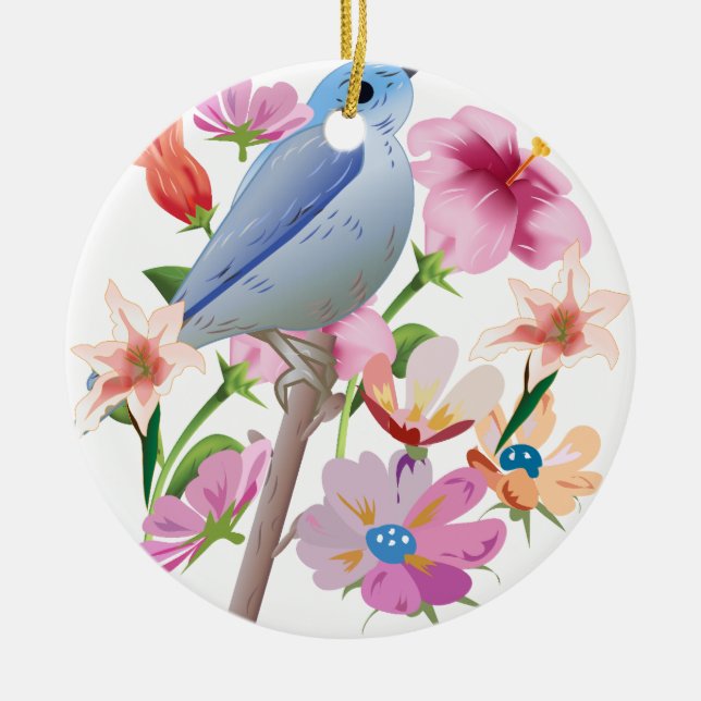 Illustration av fåglar och Vår blommor Julgransprydnad Keramik (Framsidan)
