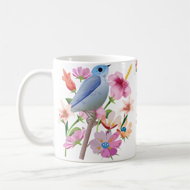 Illustration av fåglar och Vår blommor Kaffemugg (Vänster)