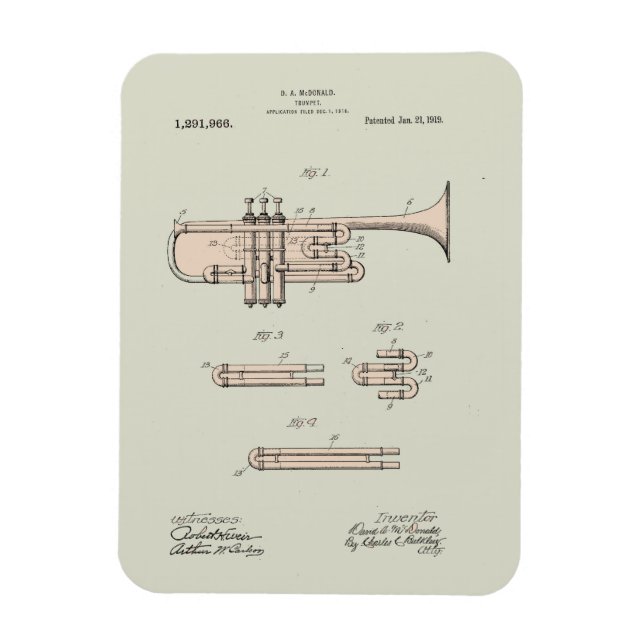 Illustration av färgat Trumpet-patent för Vintage Magnet (Vertikal)