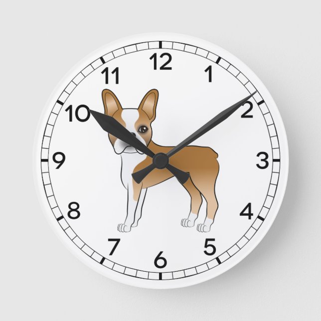 Illustration av Fawn och Vit Boston Terrier Hund Rund Klocka (Framsida)