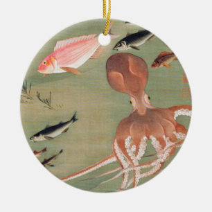 Illustration av fiskens och Octopus marina liv Julgransprydnad Keramik