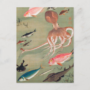 Illustration av fiskens och Octopus marina liv Vykort