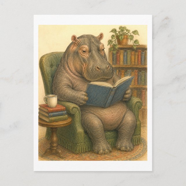 Illustration av flodhäst som läser en bok vykort (Framsida)