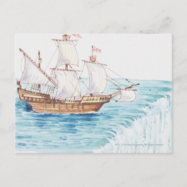 Illustration av frakt som närmar sig kant om vatte vykort (Framsida)