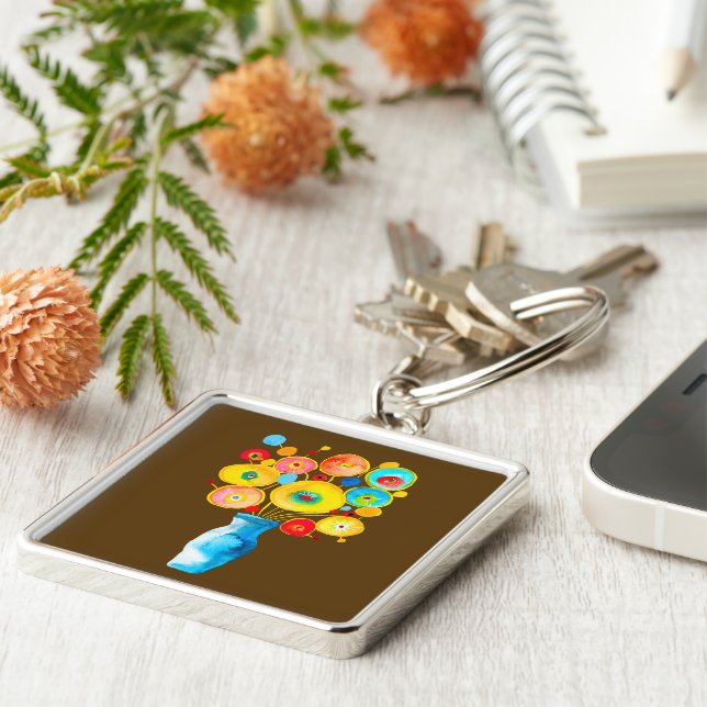 illustration av funkyns blommor fyrkantig silverfärgad nyckelring (Sidan)