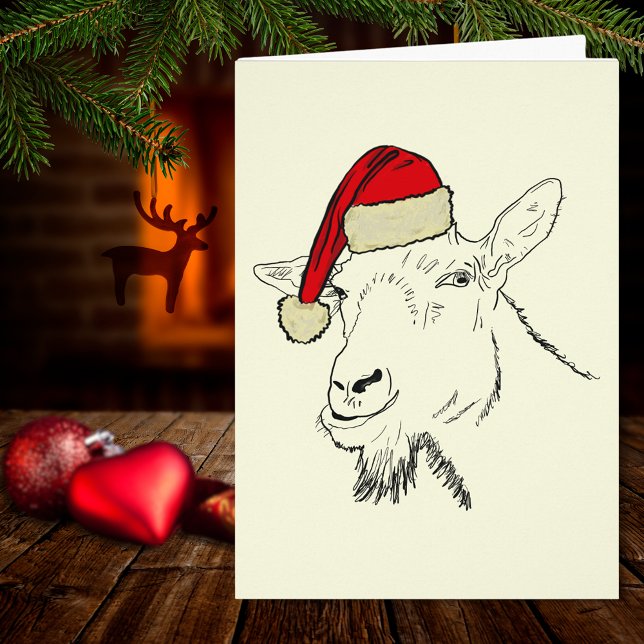 Illustration av get med jultomtehatt  hälsningskort (Christmas goat wearing a santa hat simple farm animal drawing holiday greetings card)