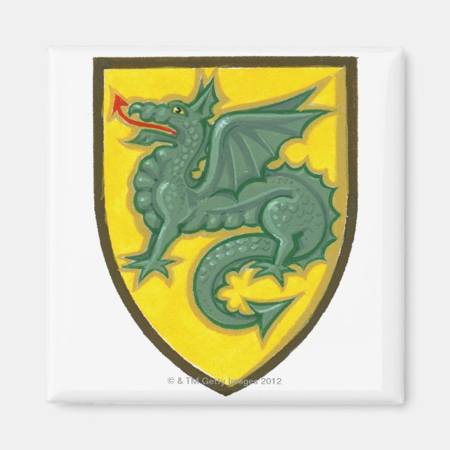 Illustration av gröntens dragon som håller ut rött magnet (Framsidan)