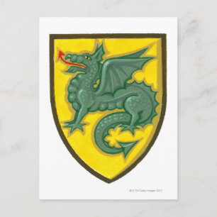 Illustration av gröntens dragon som håller ut rött vykort