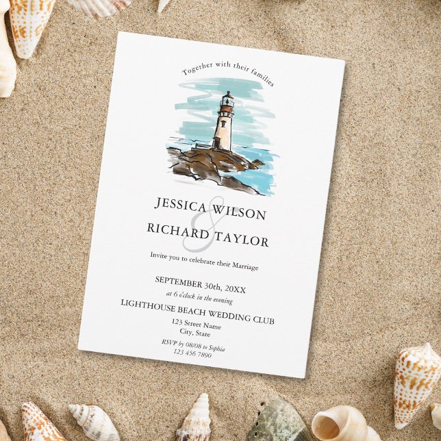 Illustration av hand plockade fyr, båge inbjudningar (whimsical hand drawn lighthouse wedding invitation)