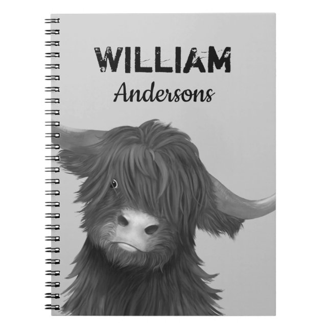 Illustration av höglandskon med Namn Boys Anteckningsbok (Framsidan)