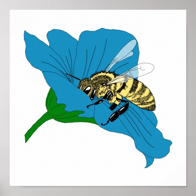 Illustration av honungsbee Blue Flower Poster (Framsidan)