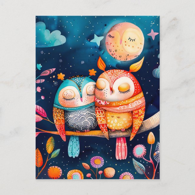 Illustration av huggning i uggla i nattetid vykort (Framsida)