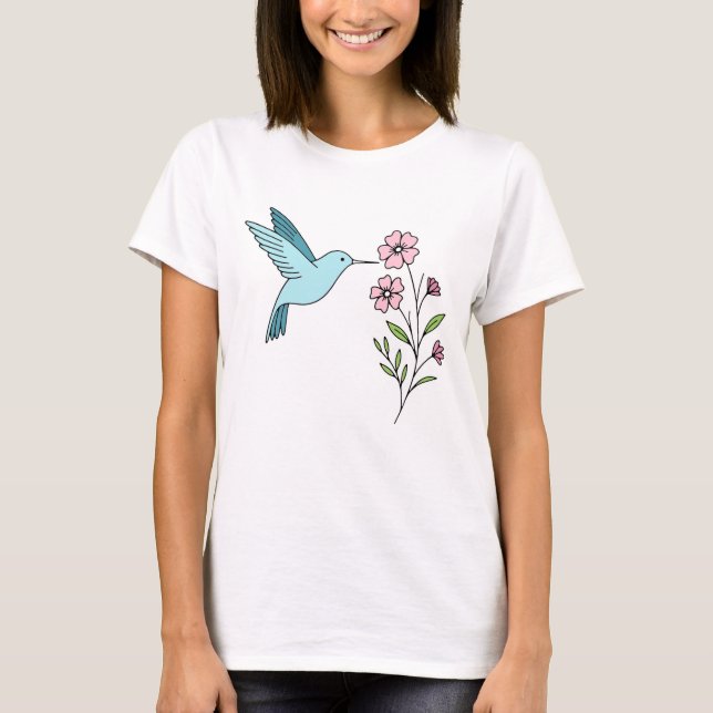 Illustration av hummingbird and Rosa Blommigt T Shirt (Framsida)