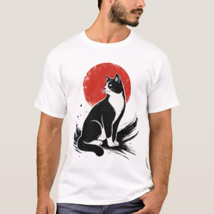 Illustration av japansk tusch-tuxedokatt röd sol t shirt