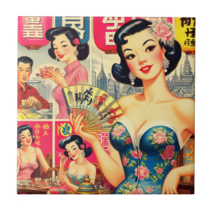 Illustration av japanska flickor i Cute Vintage Kakelplatta
