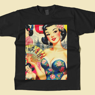 Illustration av japanska flickor i Cute Vintage T Shirt