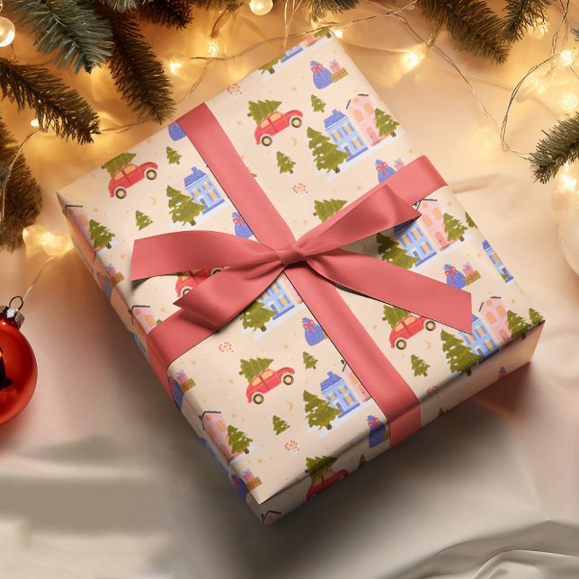 Illustration av julgran Car House Mönster Presentpapper (Skapare uppladdad)