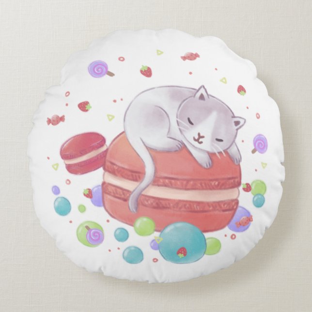 Illustration av katt och sötsaker rund kudde (Framsidan)
