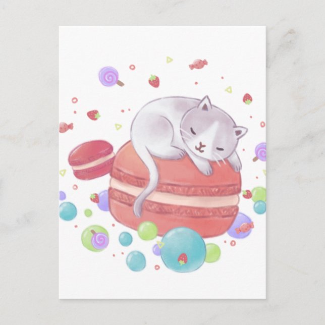 Illustration av katt och sötsaker vykort (Framsida)