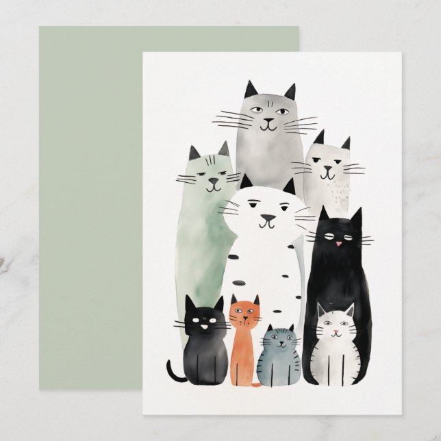 Illustration av katter och vänner med vattenfärg G Inbjudningar (Fram/baksida)