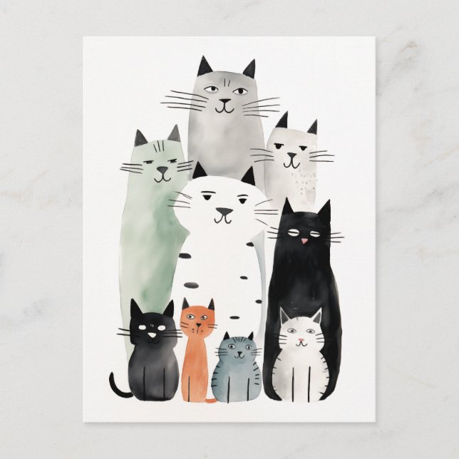 Illustration av katter och vänner med vattenfärg G Vykort (Framsida)
